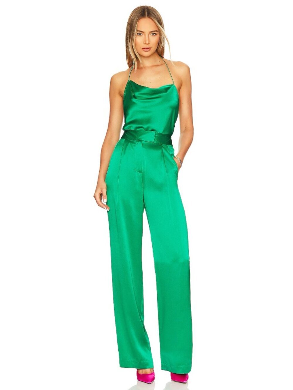 THE SEI Emerald Green 100% Silk Satin Tailored Wide Leg Trousers Pants, Size 2